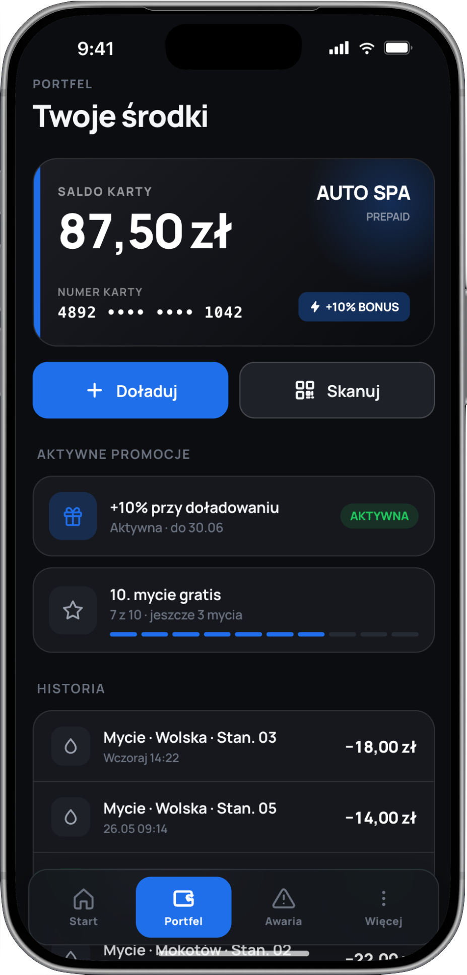 Ekran portfela w aplikacji